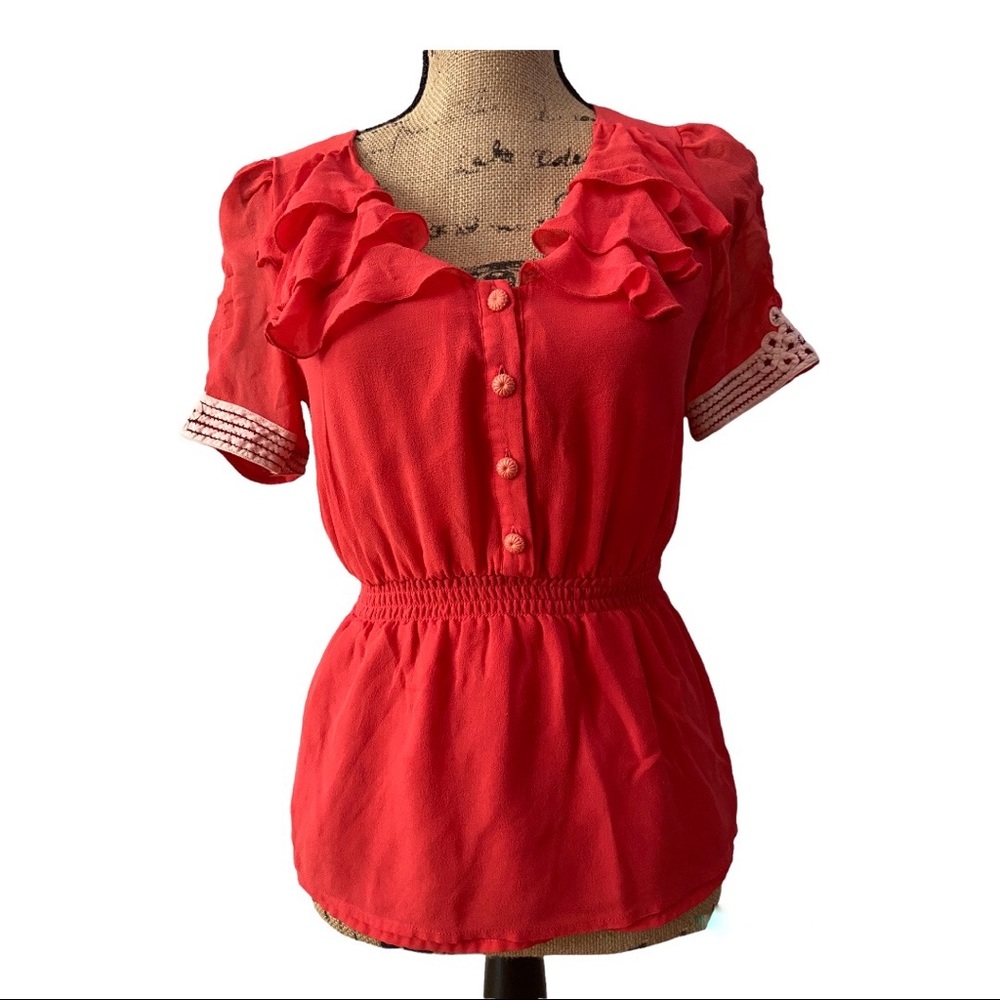 Anthropolgie Odille Women Short Sleeved Ruffled  Blouse  Top 6